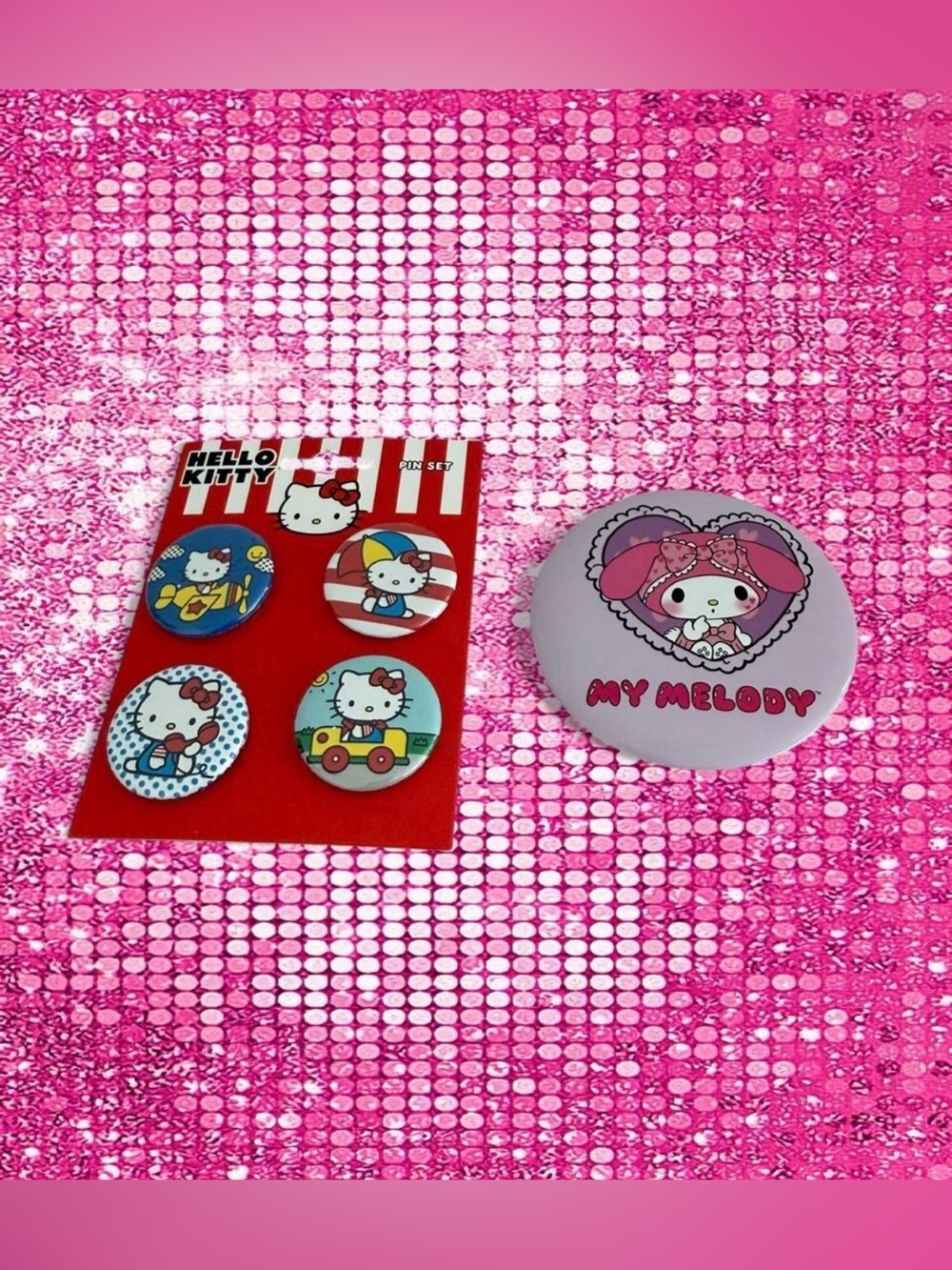 Sanrio Hello Kitty and My Melody pin set with 4 pins and 1 My Melody pin